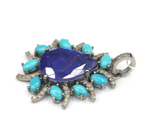 Tanzanite sterling silver Diamond Pendant With Turquoise Stone