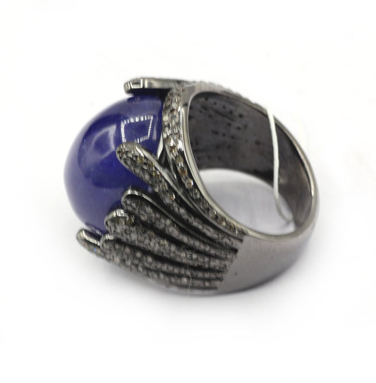 Opal Silver Pave Diamond Ring .925 Oxidized Sterling Silver Diamond Ring