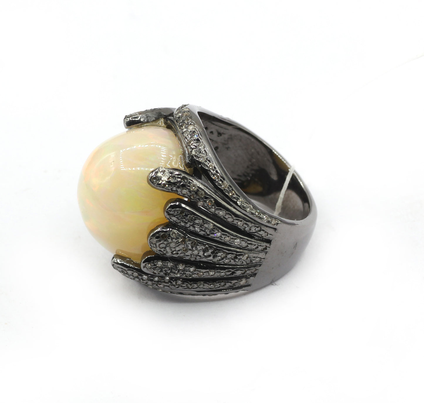Opal Silver Pave Diamond Ring .925 Oxidized Sterling Silver Diamond Ring