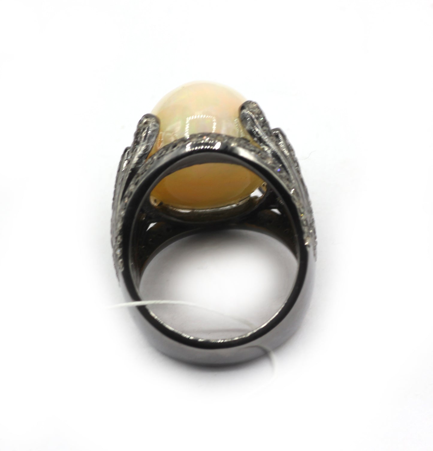 Opal Silver Pave Diamond Ring .925 Oxidized Sterling Silver Diamond Ring