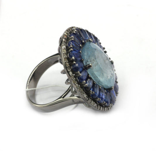Aqua Silver Pave Diamond Ring .925 Oxidized Sterling Silver Diamond Ring