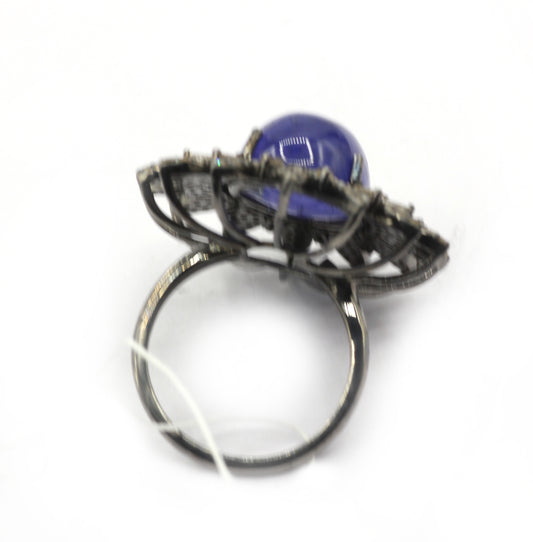 Tanzanite Silver Pave Diamond Ring .925 Oxidized Sterling Silver Diamond Ring