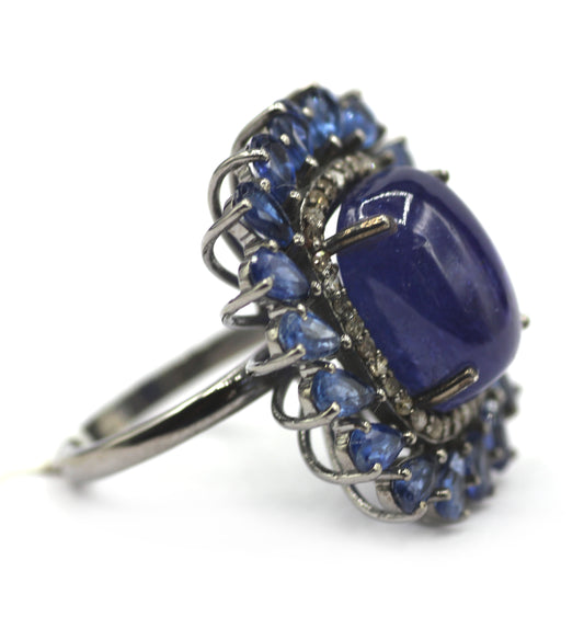 Tanzanite Stone Silver Diamond Ring With Kyanite Stone