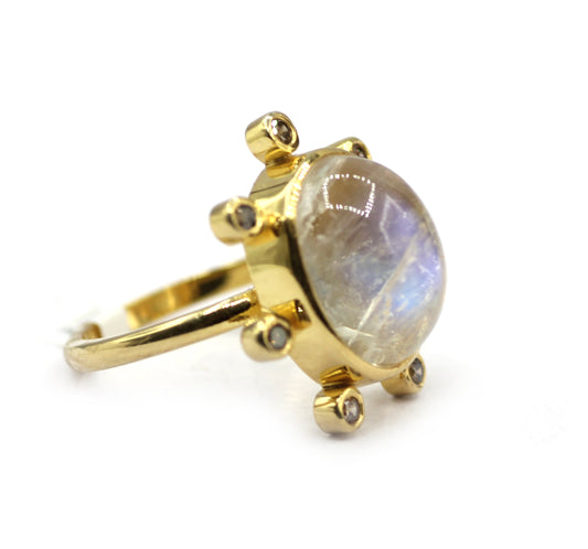 Rainbow Moonstone Silver Diamond Ring