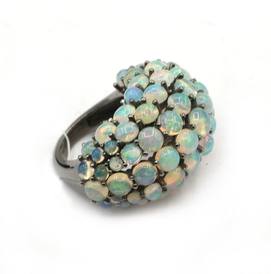Opal Silver Pave Ring .925 Oxidized Sterling Silver Opal Ring
