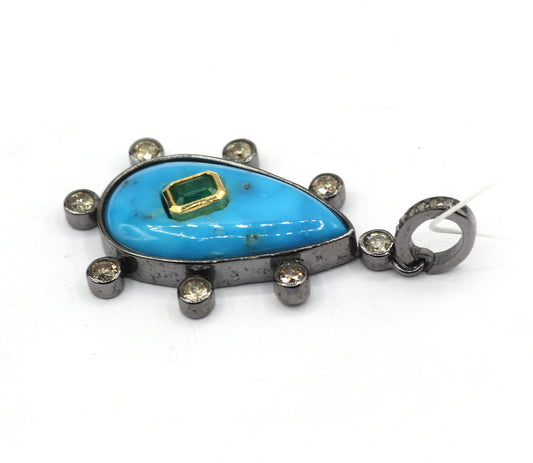 Silver Pave Diamond Pendant With Turquoise Stone