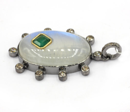Oval Silver Pave Diamond Pendant With Moonstone