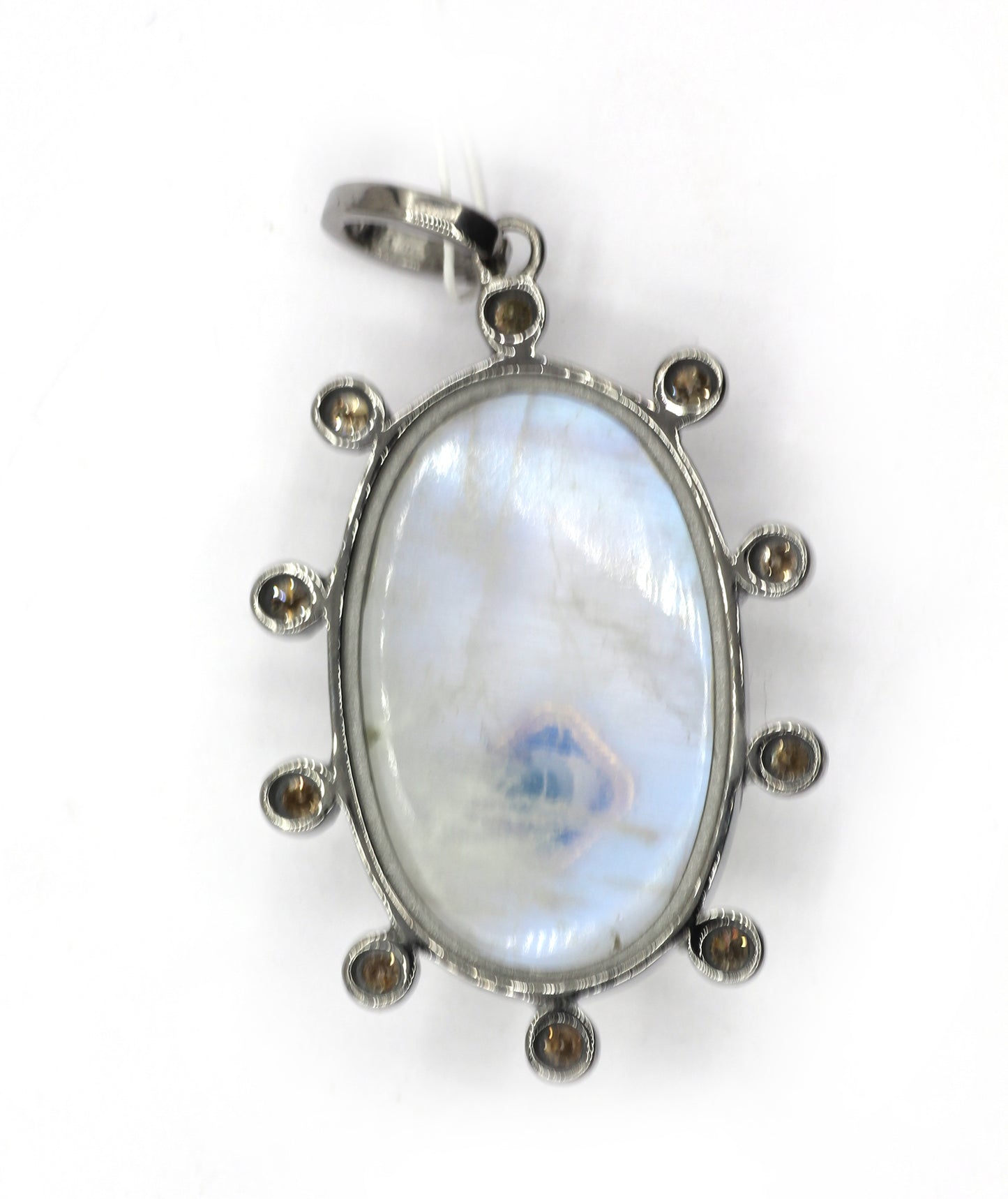 Oval Silver Pave Diamond Pendant With Moonstone