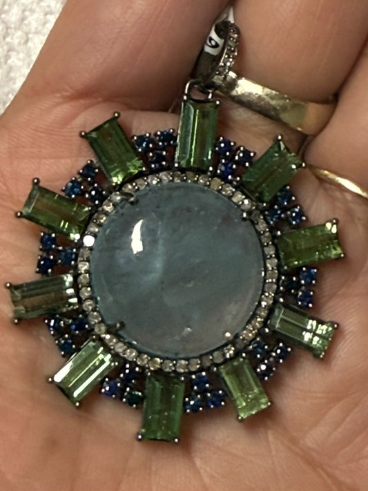 Circle Moss Aqua Tourmaline Sapphire Diamond Pendant