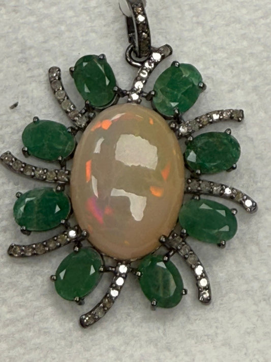 Oval Flower Opal Emerald Diamond Pendant