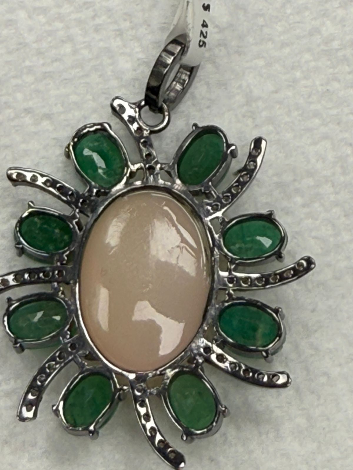 Oval Flower Opal Emerald Diamond Pendant