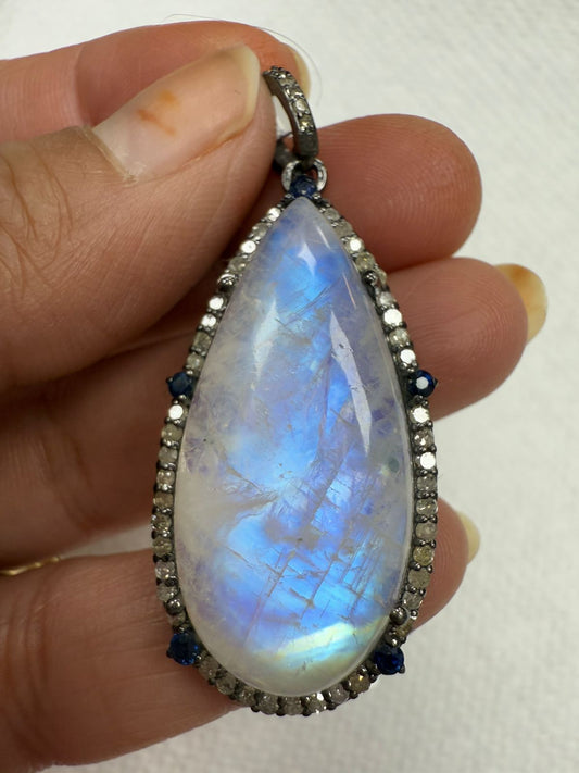 Drop Moonstone Sapphire Diamond Pendant
