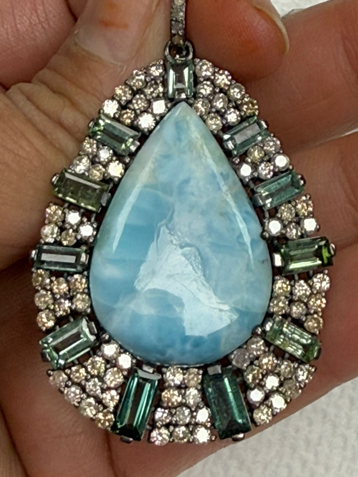 Larimar Tourmaline Drop Diamond Pendant