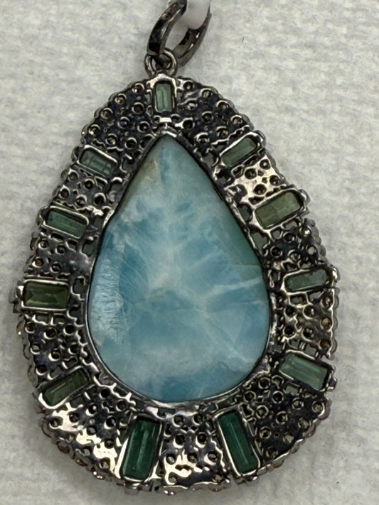 Larimar Tourmaline Drop Diamond Pendant