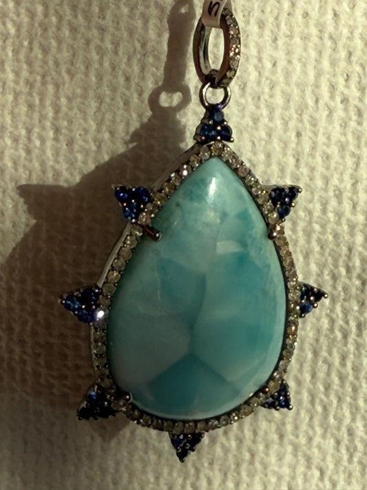 Larimar Sapphire Drop Diamond Pendant