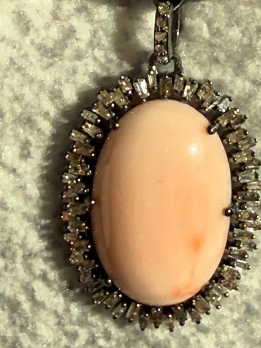 Coral Oval Baguette Diamond Pendant