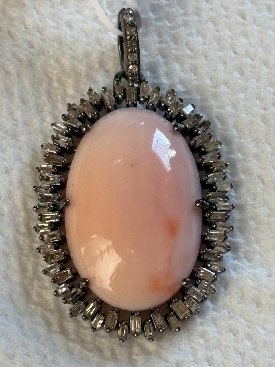 Coral Oval Baguette Diamond Pendant