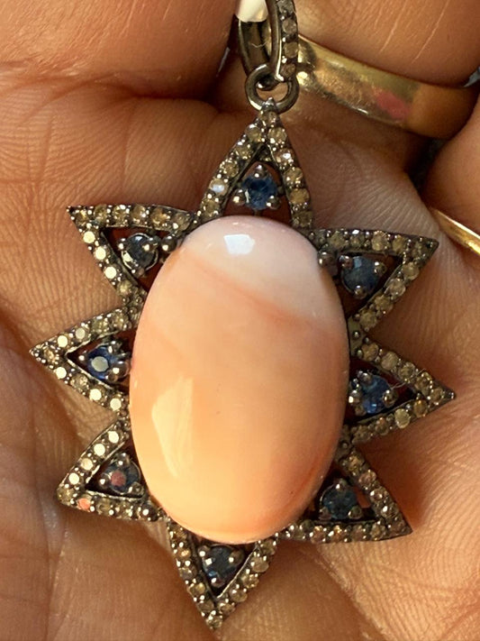 Coral Sapphire Oval Diamond Pendant