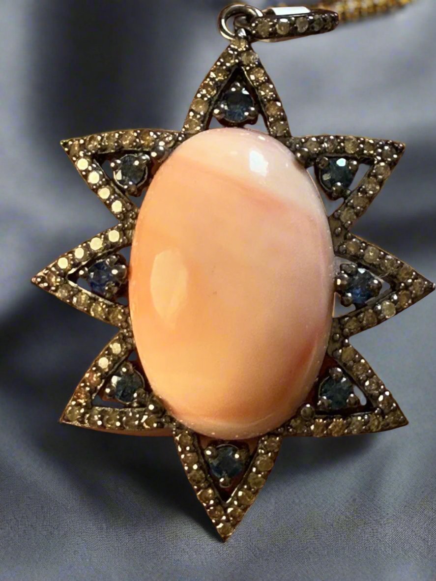 Coral Sapphire Oval Diamond Pendant