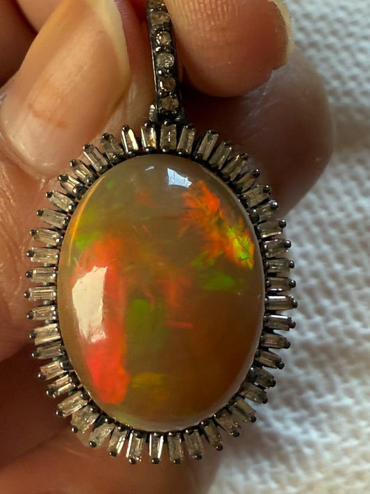 Opal Baguette Diamond Pendant