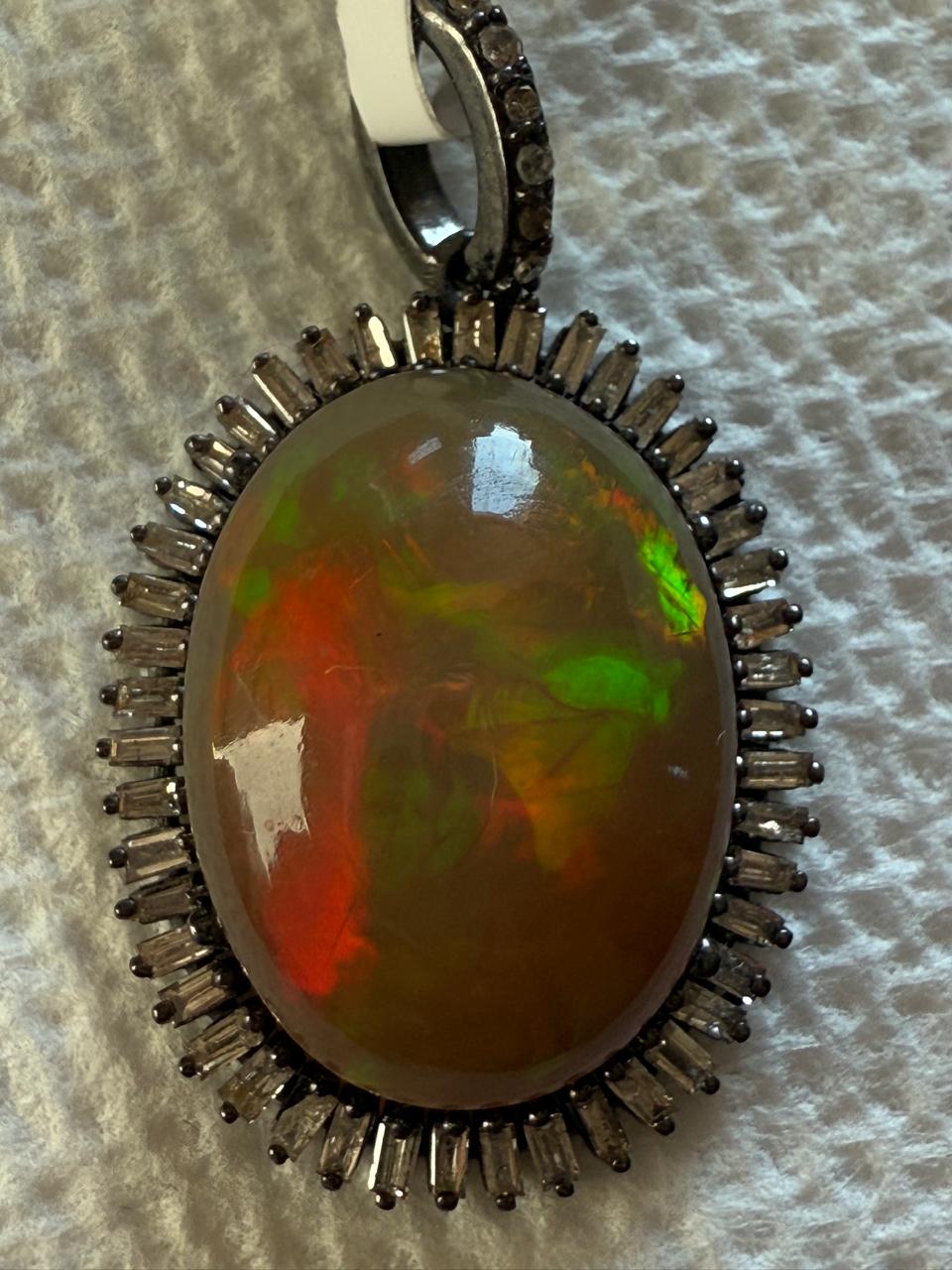 Opal Baguette Diamond Pendant