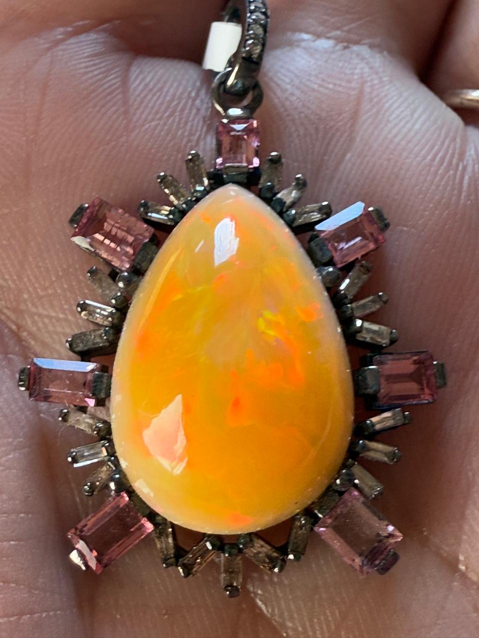 Opal Tourmaline baguette Diamond Pendant