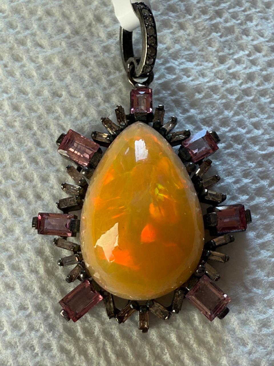 Opal Tourmaline baguette Diamond Pendant