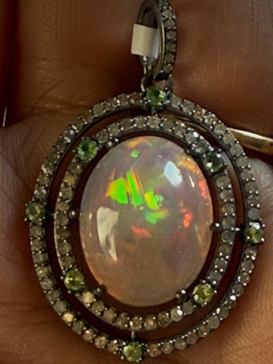 Opal Tsavorite Diamond Pendant