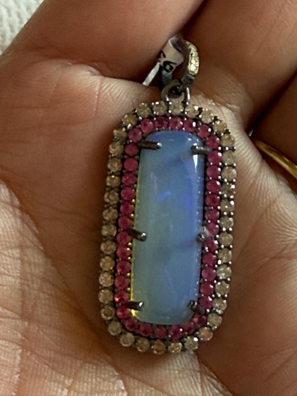 Rectangle Opal Ruby Diamond Pendant