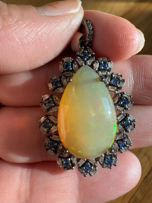 Drop Opal Sapphire Baguette Diamond Pendant