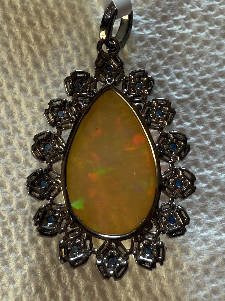 Drop Opal Sapphire Baguette Diamond Pendant