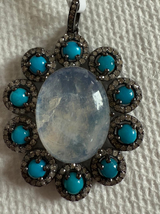 Tourquise Rainbow Moonstone Diamond Pendant