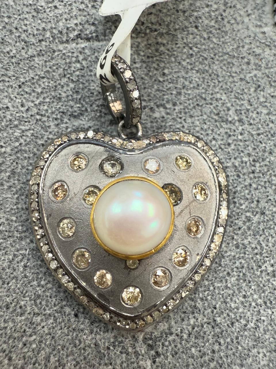 Heart Diamond Pendants.Turqouise & Pearl Genuine handmade pave diamond Pendant