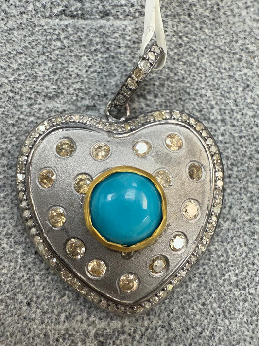 Heart Diamond Pendants.Turqouise & Pearl Genuine handmade pave diamond Pendant