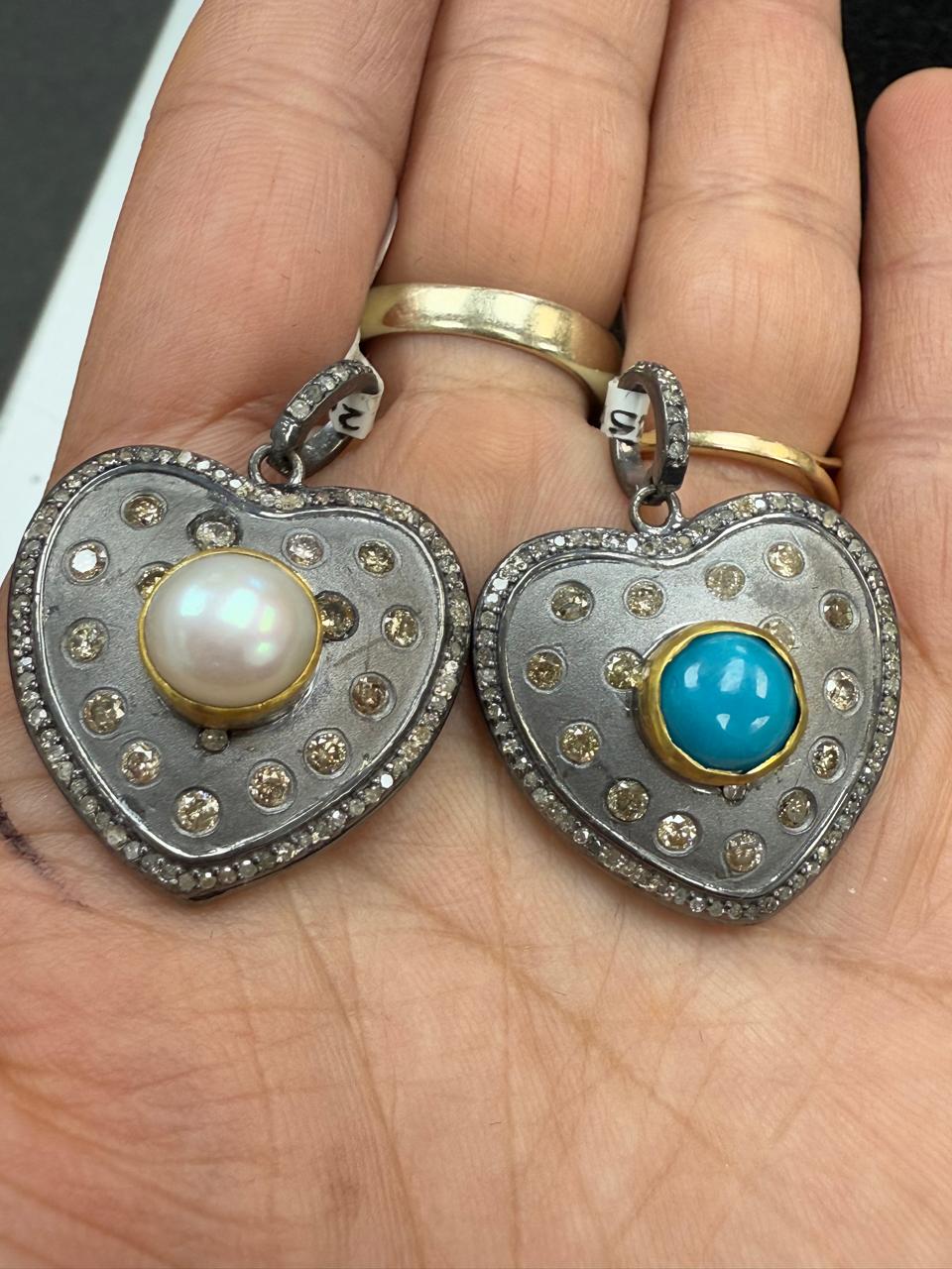 Heart Diamond Pendants.Turqouise & Pearl Genuine handmade pave diamond Pendant