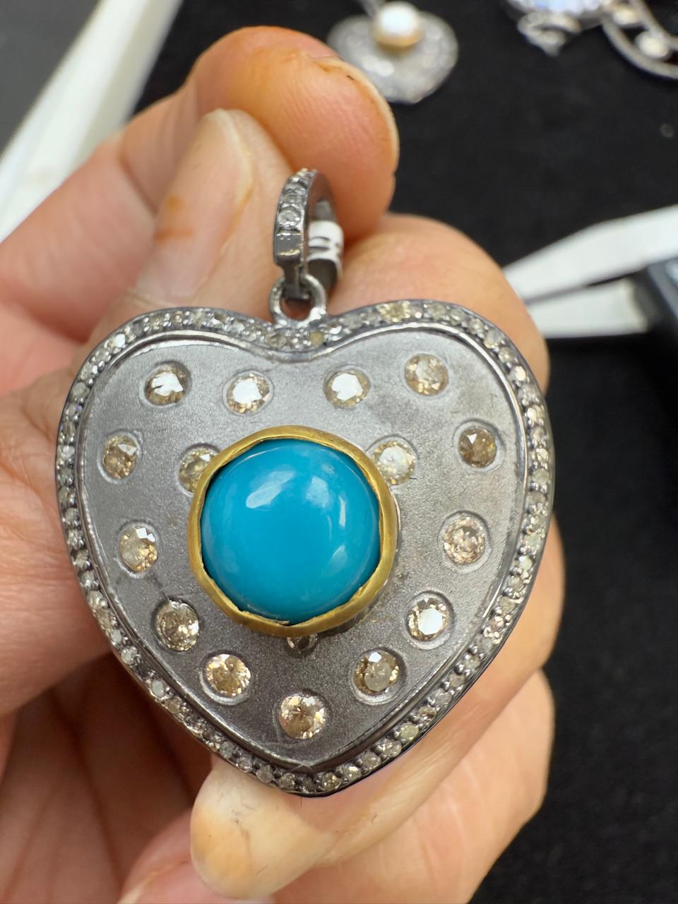 Heart Diamond Pendants.Turqouise & Pearl Genuine handmade pave diamond Pendant