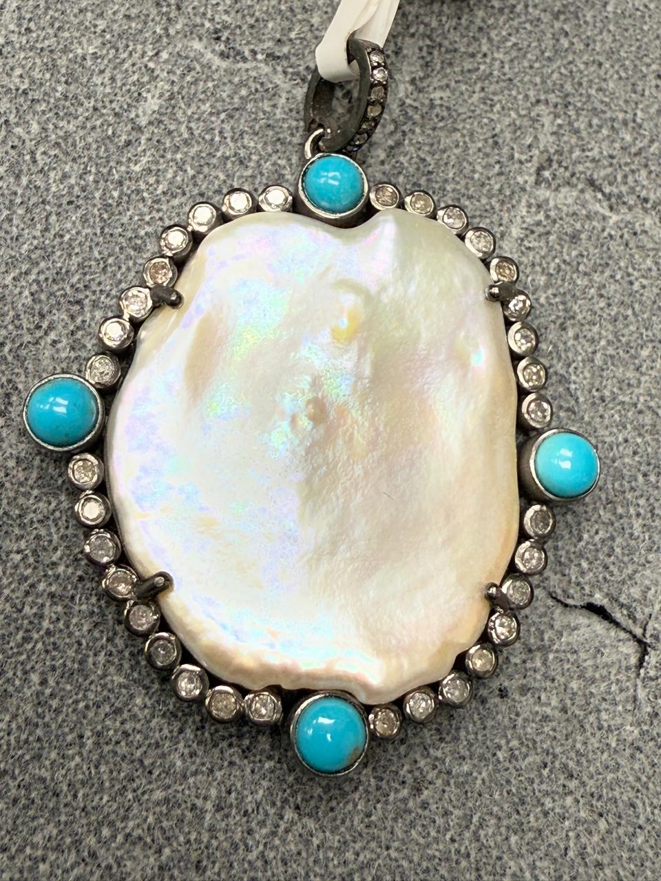 Pearl Turqouise Silver Pave Diamond Pendant With Pearl Stone