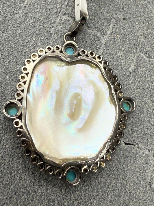 Pearl Sapphire Silver Pave Diamond Pendant With Pearl Stone