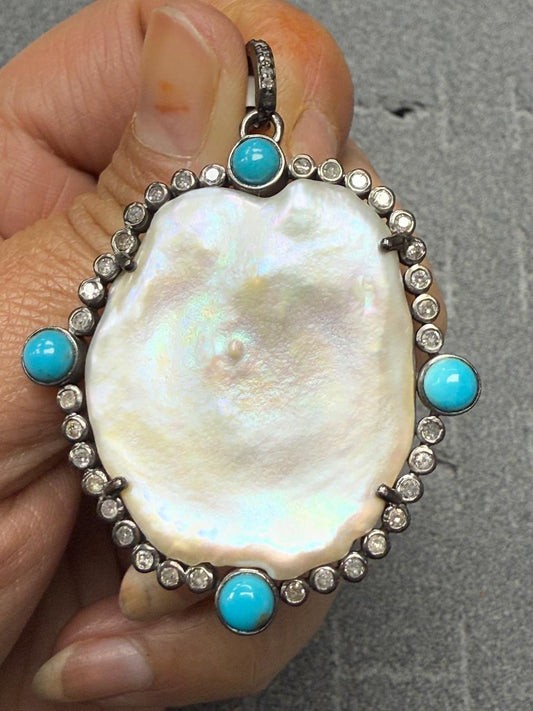 Pearl Turqouise Silver Pave Diamond Pendant With Pearl Stone