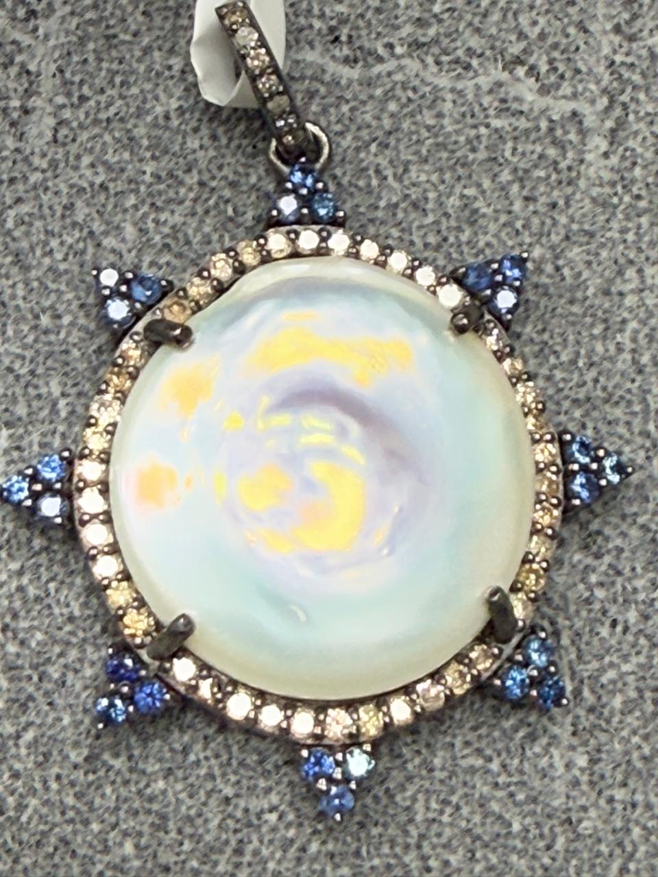 Pearl Sapphire Silver Pave Diamond Pendant With Pearl Stone