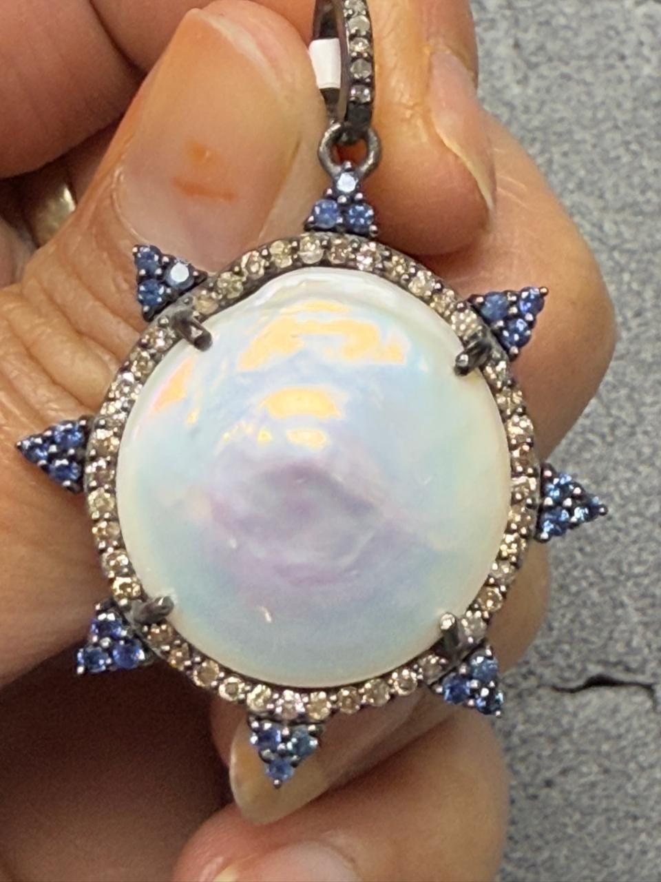 Pearl Sapphire Silver Pave Diamond Pendant With Pearl Stone