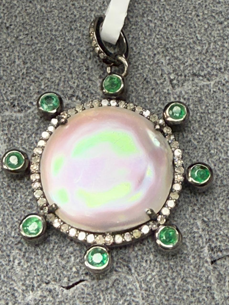 Pearl Emerald Silver Pave Diamond Pendant With Pearl Stone