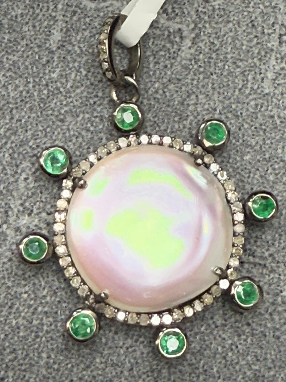 Pearl Emerald Silver Pave Diamond Pendant With Pearl Stone