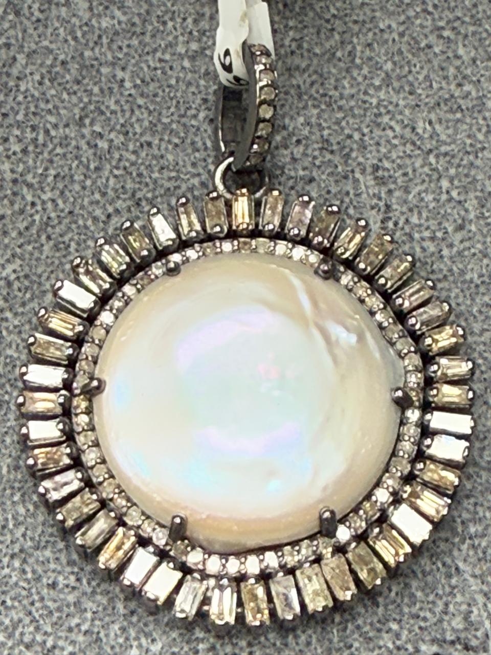 Round Pearl Baguette Silver Pave Diamond Pendant With Pearl Stone