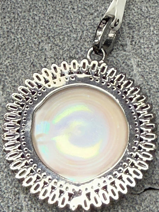 Round Pearl Baguette Silver Pave Diamond Pendant With Pearl Stone