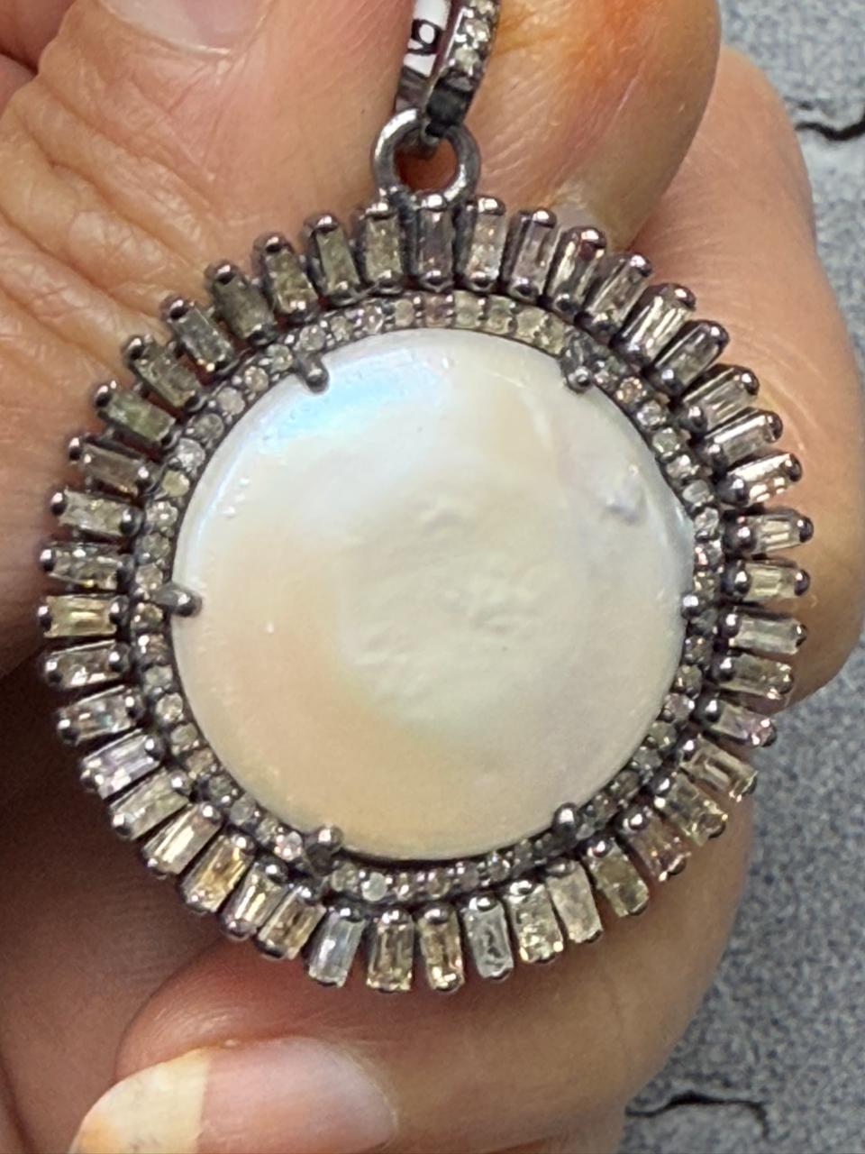 Round Pearl Baguette Silver Pave Diamond Pendant With Pearl Stone