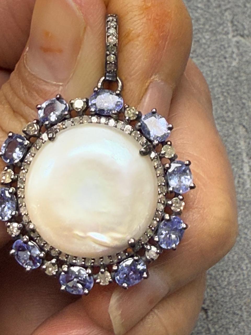 Pearl Silver Pave Diamond Pendant With Pearl Stone