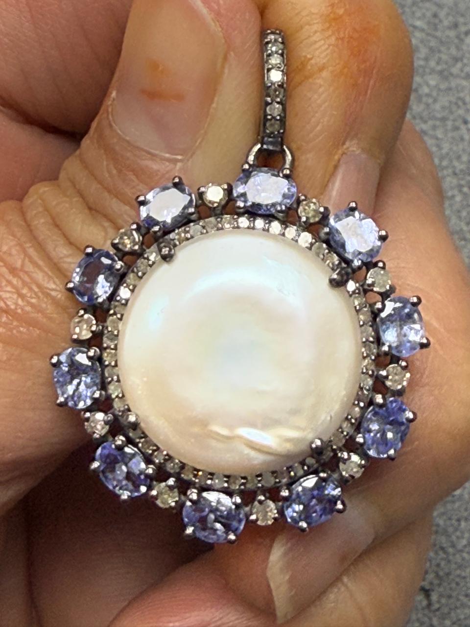 Pearl Silver Pave Diamond Pendant With Pearl Stone