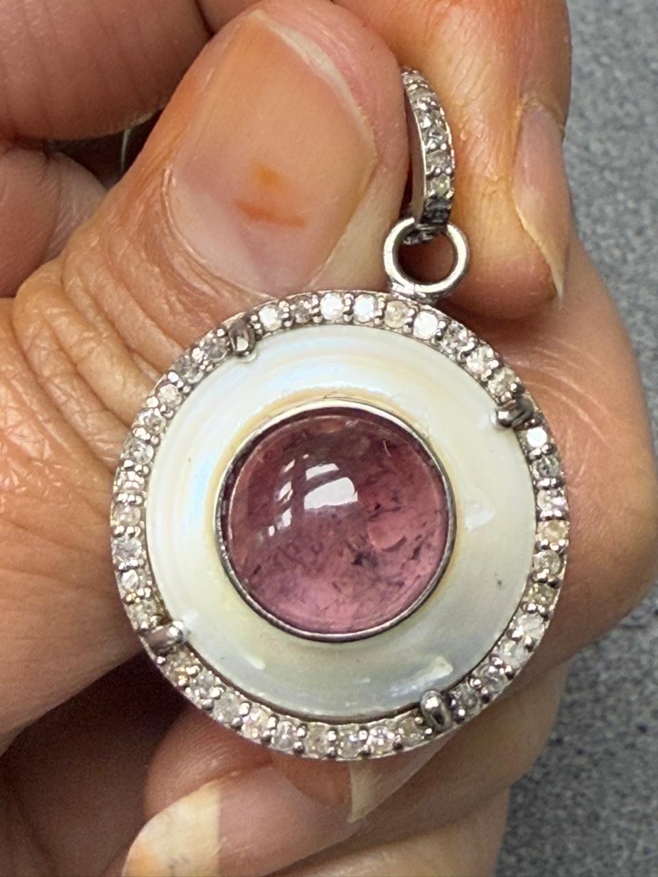 Round Pearl Tourmaline Silver Pave Diamond Pendant With Pearl Stone