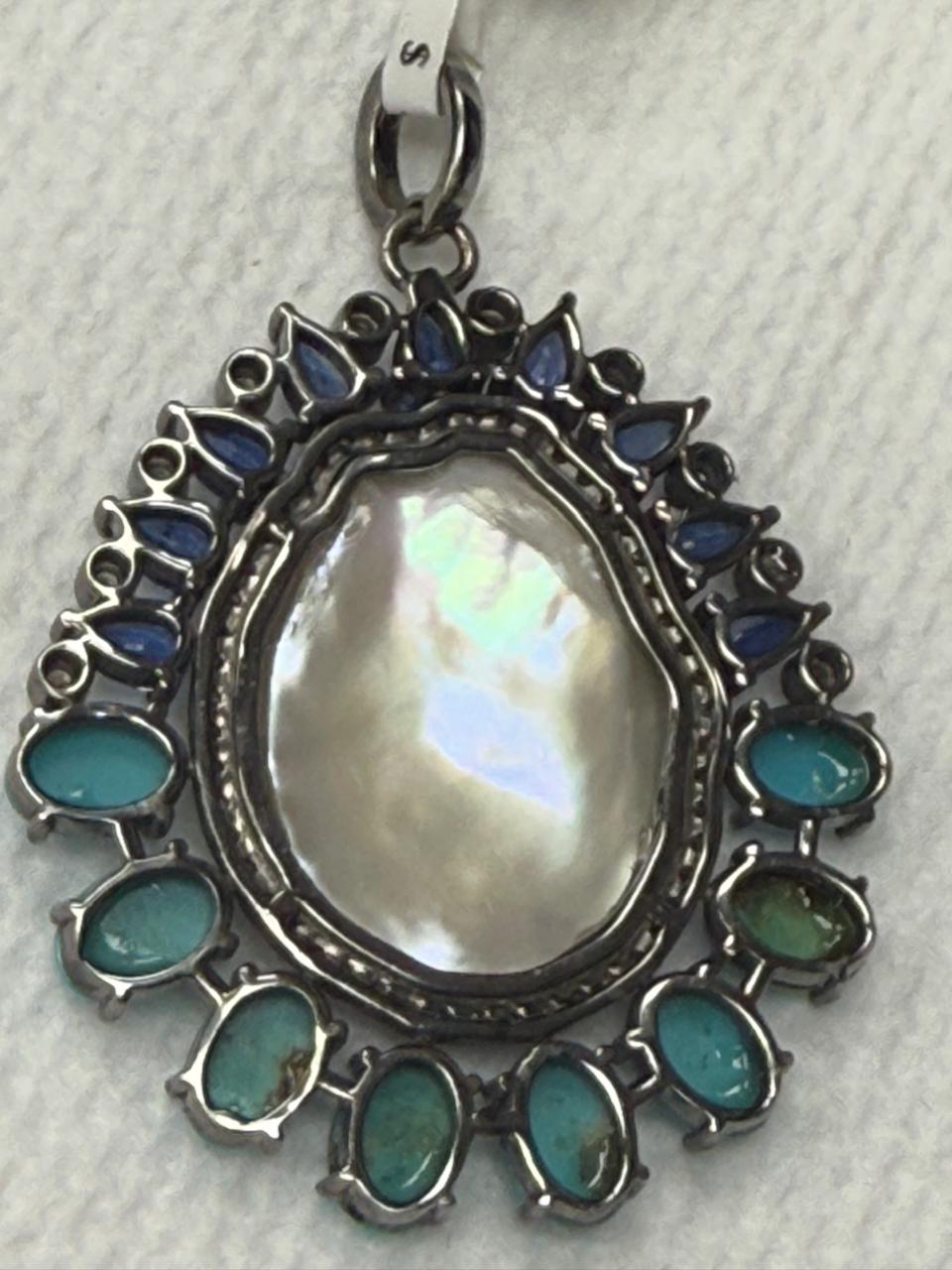 Pearl Turqouise Silver Pave Diamond Pendant With Pearl Stone